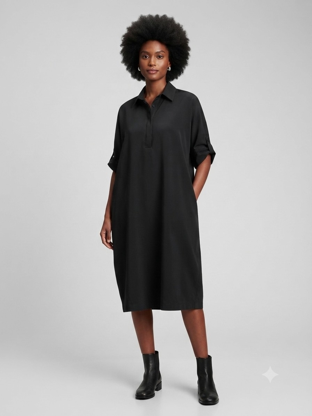 Relaxed Black Collared Midi Dress with Roll-Tab Sleeves
